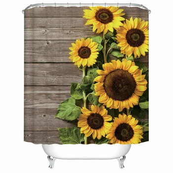 

Sunflower Shower Curtain Wood Rustic Floral Spring Blooming Flower Bath Curtains Brand New And High Quality 2020 New Arrival
