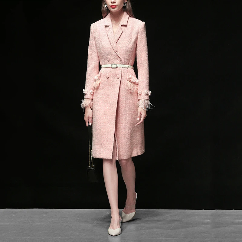 Elegant Feathers Double-breasted Winter Coat Women Runway Designer Thick Warm Pink Wool Coat Jacket High Quality Outwear