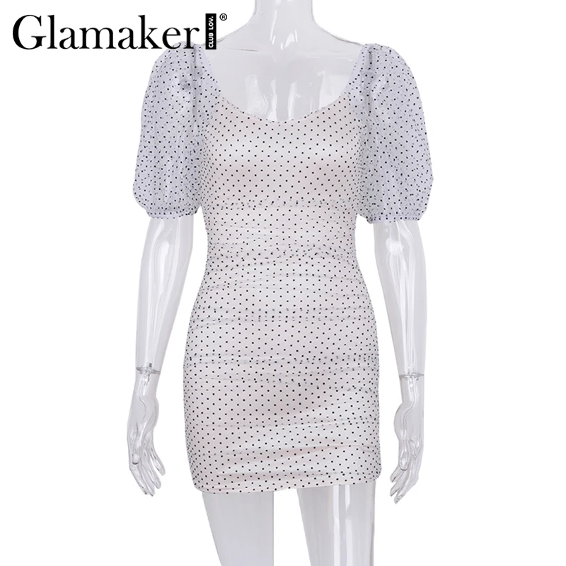 Glamaker, сексуальное Белое платье, бодикон, винтажное, в горошек, платье для вечеринки, женское, с открытой спиной, с рюшами, пышное, с короткими рукавами, Клубное, мини-платье для женщин