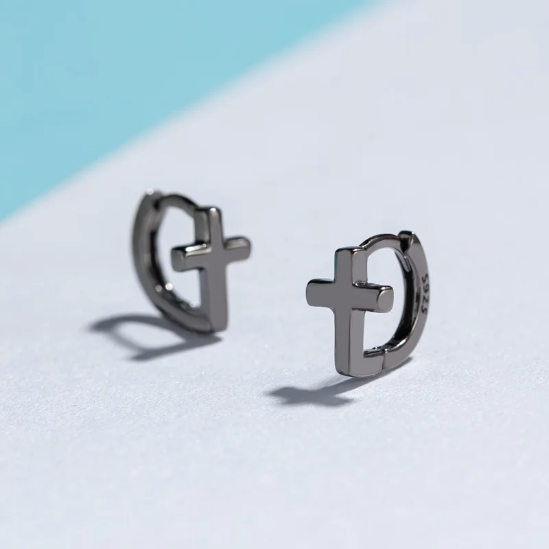 

100% Mens 925 Sterling Silver Black Cross Small Round Circle Ear Ring Earings Fashion Hip Hop Jewelry Hoops Earrings for Women