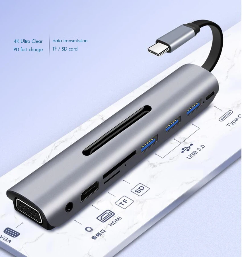 USB-C концентратор 9 в 1 взаимный обмен данными между компьютером и периферийными устройствами C адаптер с PD, 4K HDMI и MiniDP, VGA, SD/TF Card Reader устройство чтения карт, 3 x высокой Скорость 3,0 USB Порты и разъёмы для ноутбуков