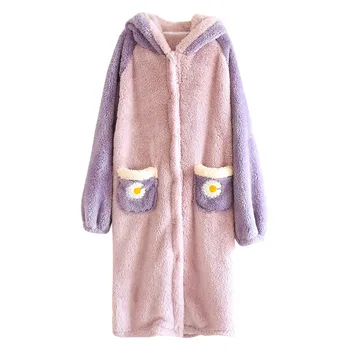 

New Korean Winter keep warm bathrobes women hoodie cute duck thicken flannel sleepwear fashion stars robes women dressing gown