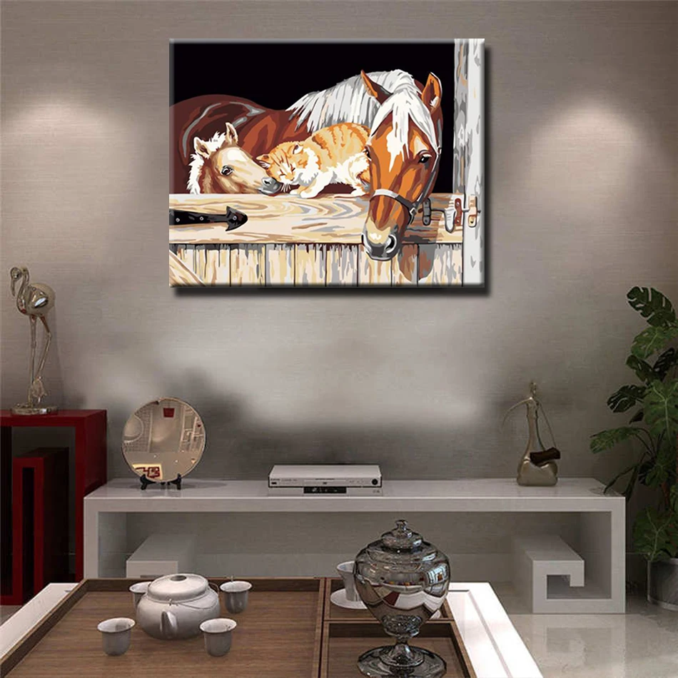 RIHE милый кот лошадь Сделай Сам краска по номерам, в рамке краска по номерам на холсте, современная настенная художественная картина, акриловая краска 40x50 см