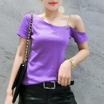 

Sexy Clothes Shiny Chain Off Shoulder T-shirt Women 2020 Summer Cotton Short Sleeve Tops Ropa Mujer Bottoming Shirt Tees T02418