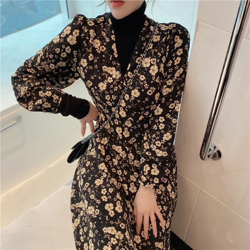 Осенне-весеннее винтажное шифоновое платье с цветочным рисунком, Boho, элегантные женские вечерние платья с длинным рукавом, Vestidos