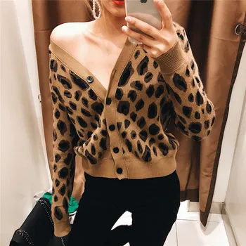 

FY001 Loose-fitting leopard-print short single-breasted long-sleeved Knit Cardigan jacket