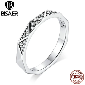 

BISAER Geometric Patterns Rings 925 Sterling Silver Dazzling Zircon Pave Finger Ring For Women Wedding Statement Jewelry HSR654