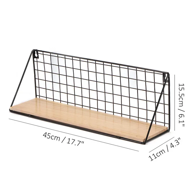 Сетчатая Проводная настенная полка, органайзер, держатель для хранения, деревянный железный плавающий стеллаж для хранения Shleves, для кухни, спальни, дома, детской комнаты - Цвет: Black L 2pcs