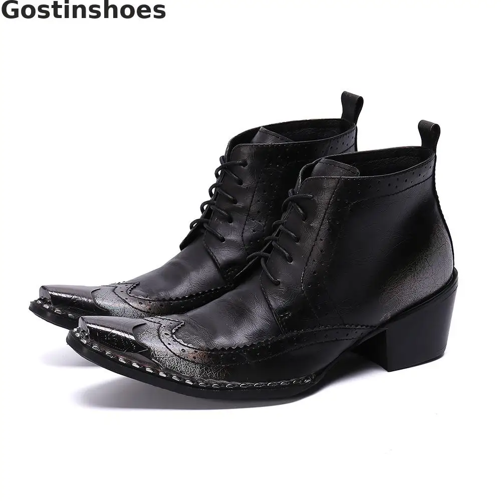 

Luxury Men Boots Black Genuine Leather Wing Tip Metal Capped Toe Bordered Lace-up Men Ankel Boots Fashion Ankle Work Martin Boot