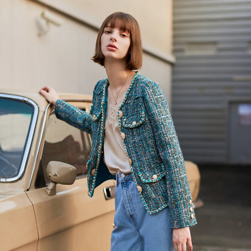 TWOTWINSYLE Knitting Tweed Coats For Women O Neck Long Sleeve Hit Color Open Stitch Autumn Winter Jacket Female Fashion New