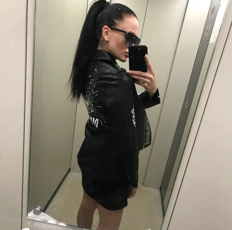 2020 New Women Autumn Winter Faux Soft Leather Jackets Coats Lady Black PU Rivet Zipper Epaulet 3D print Motorcycle Streetwear