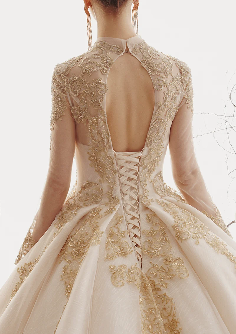 SoAyle Vestido de Noiva Hepburn роскошное свадебное платье цвета шампань с v-образным вырезом и Длинными Рукавами Свадебное Платье вышитое бисером кружевное платье с аппликацией