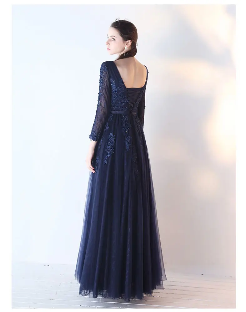 Kyunovia винтажные темно-синие кружевные Длинные вечерние платья трапециевидной формы, натуральные вечерние платья для выпускного вечера с длинными рукавами, вечерние платья с аппликацией E31