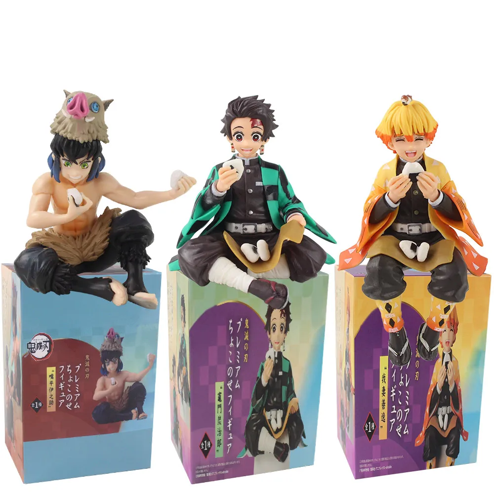 

Anime Demon Slayer Figuer Kamado Tanjirou Agatsuma Zenitsu Hashibira Inosuke Eat Rice Balls Cute Cartoon Pvc Collection Toys