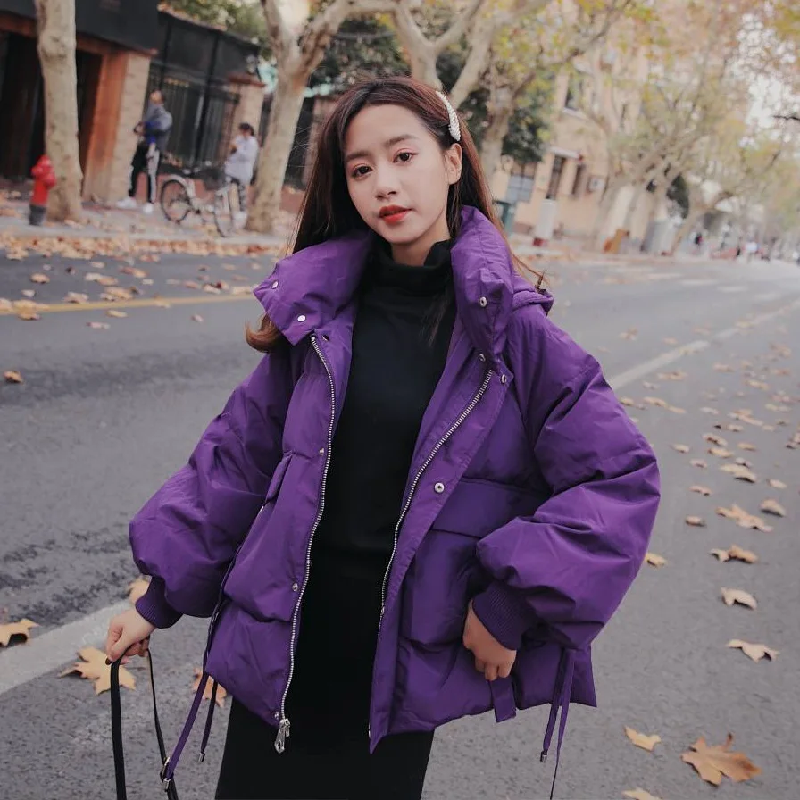 

Photo Shoot CHIC Vigorous GIRL'S Purple Loose Bat Sleeve Hooded Side Edge Bandage Cloth Short-height down Coat Short Cotton-padd