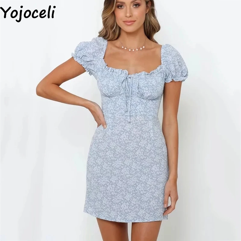 Yojoceli Элегантное короткое платье с цветочным рисунком для фитнеса, женское летнее Элегантное повседневное пляжное платье, женское милое мини Повседневное платье vestidos