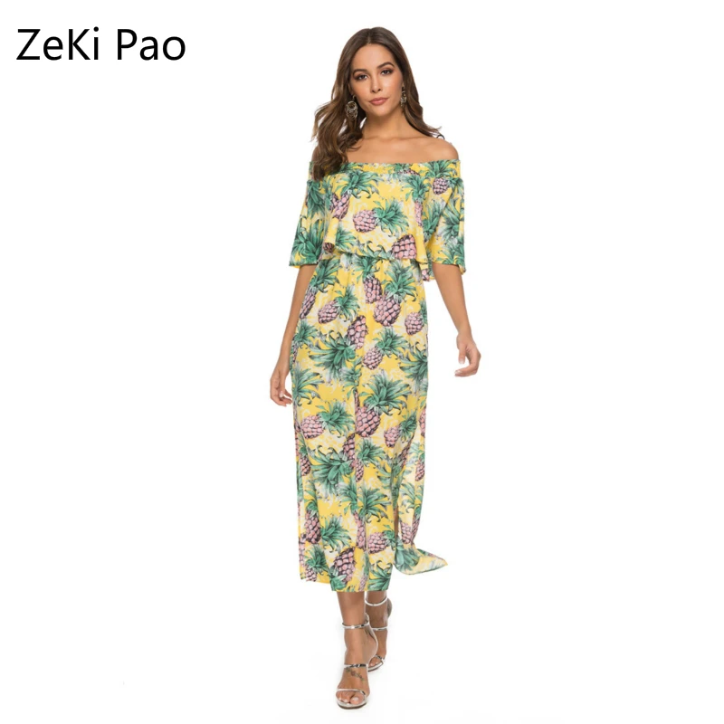 

Bohemian Chiffon Print Slit Collar Split Dress Sexy Open-back Ruffled Beach Dress Slim Mid-length Elegant Dress Vestidos