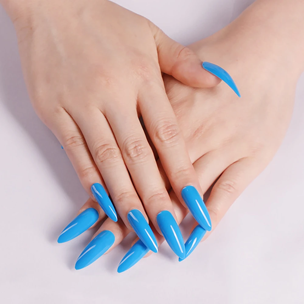 

24Pcs Shiny Blue Artificial False Nail For Design Long Stiletto Fake Nails DIY Full Cover Fingernail Tips Manicure Tool