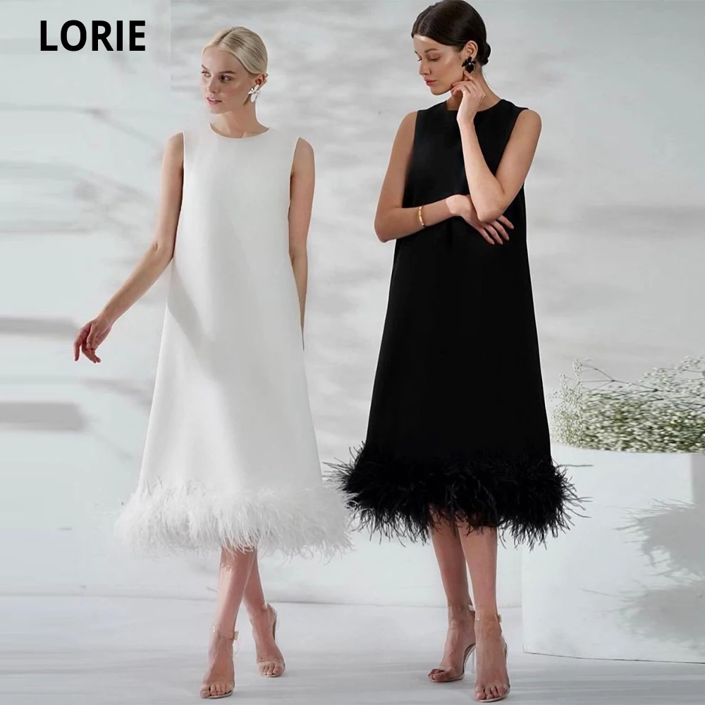 LORIE Saudi Arabia Black Prom Dresses O Neck Hollow Back adjustable Bow Satin Feather Tea Length Straight Evening Gowns