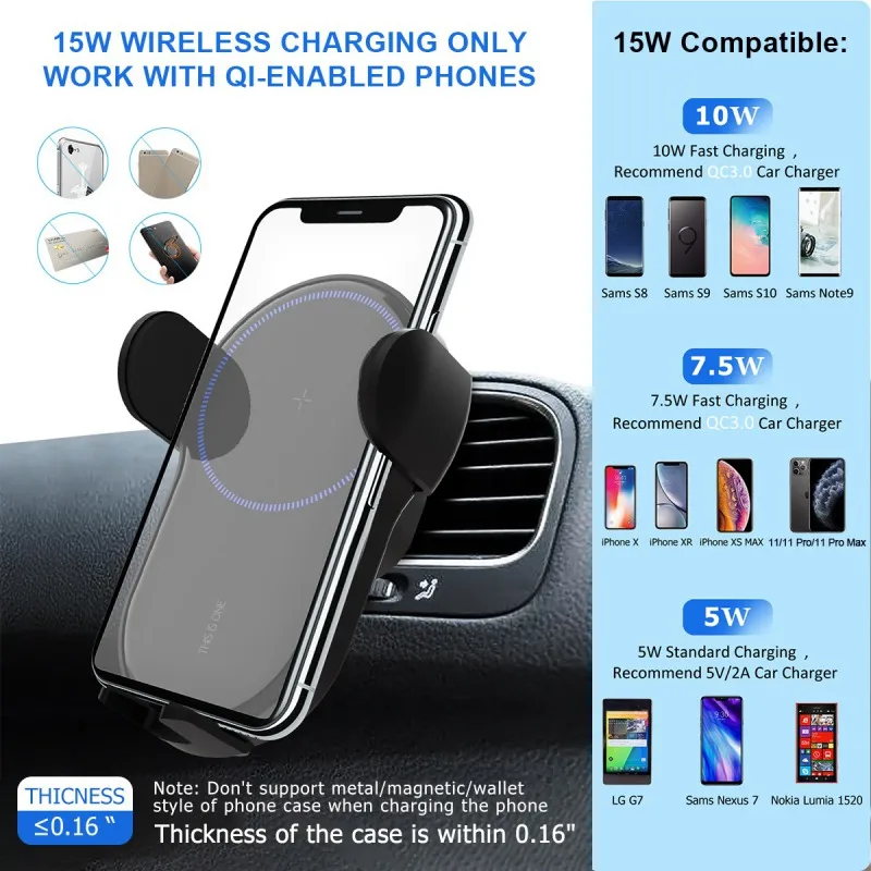 Mount in Car for iPhone 11 XR X Huawei Samsung Xiaomi 15W Qi Wireless Car Charger Automatic Clamping Fast Charging Phone Holder