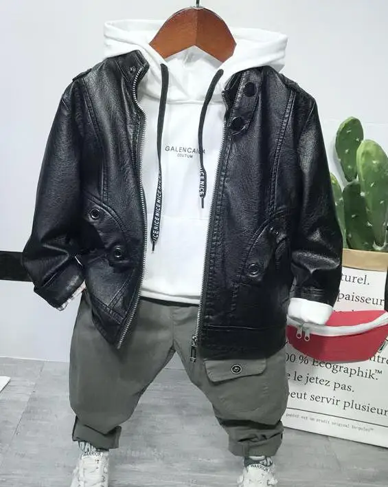 3pcs set Комплект одежды для мальчиков, осенние спортивные костюмы для мальчиков, пальто из искусственной кожи+ толстовка+ штаны, комплект из 3 предметов, одежда для маленьких мальчиков 2-6 лет - Цвет: 3pcs set