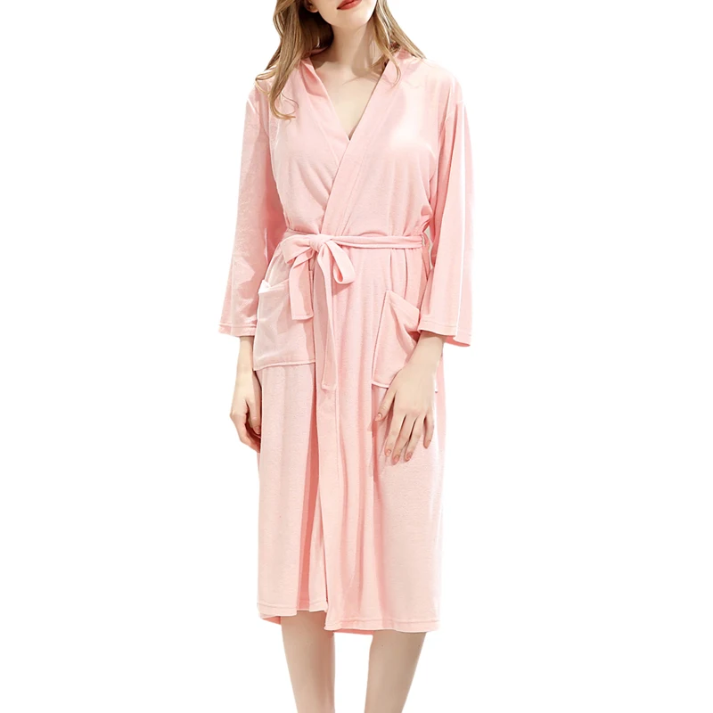 Женский махровый тканный халат, турецкое хлопковое махровое кимоно с воротником, сексуальные банные халаты, однотонные пижамы с длинными рукавами, lounge famale - Цвет: pink