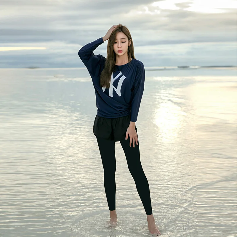 

Long Sleeve Split Type Boxers Bathing Suit Women's Slimming Belly Covering Conservative Small Bust Sports Large Size Students Su