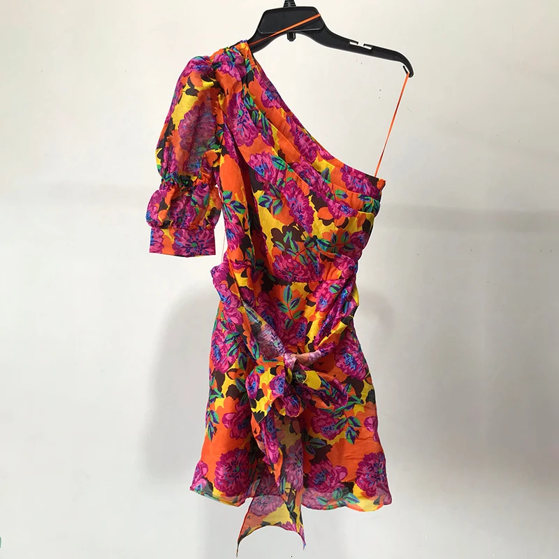 Print Женское платье с TWOTWINSTYLE принтом, асимметричный воротник, Пышный рукав средней длины, высокая талия, на шнуровке, мода - Цвет: Print