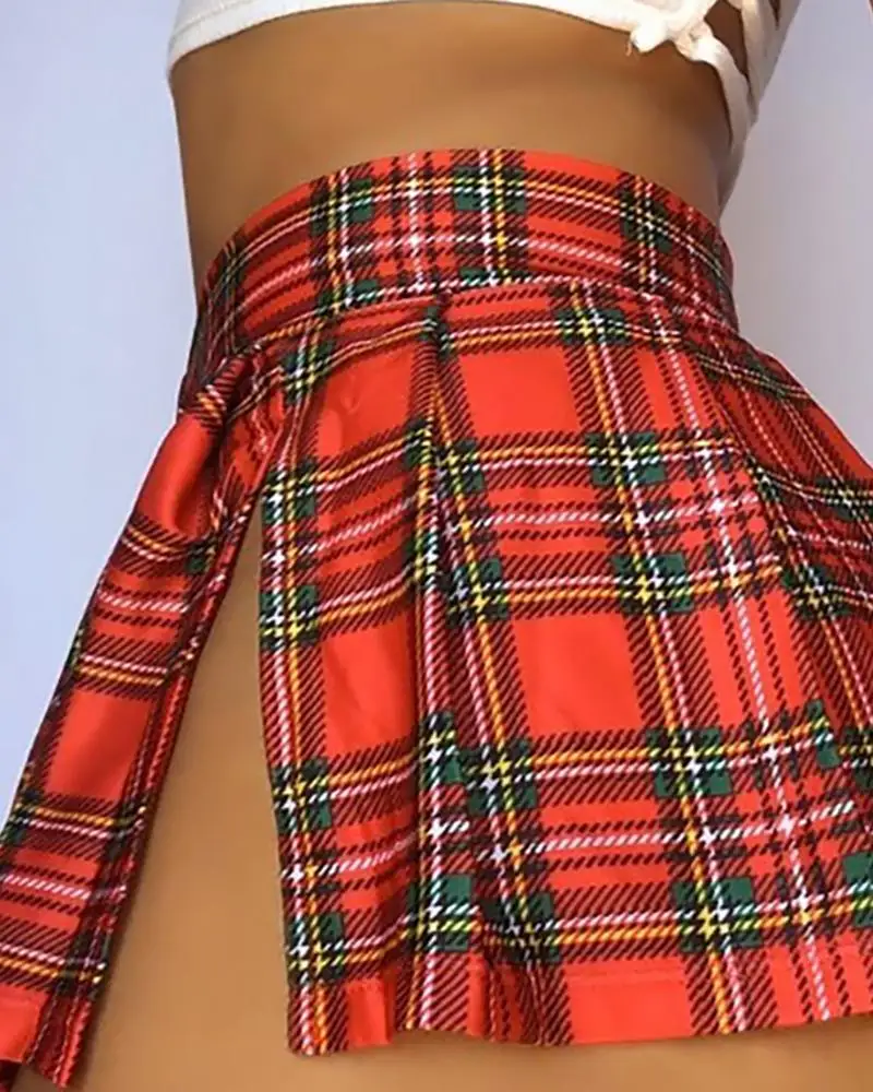 Japanese Night Party Sexy Plaid Bottoms High Split Mini Skirts Womens Preppy Scottish Grid Skirts Clubwear Beach Micro Skirt D30 2