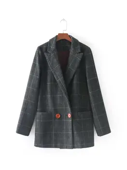 

Women's jacket 2019 new fashion casual temperament loose stitching plaid wool double pocket small blazer