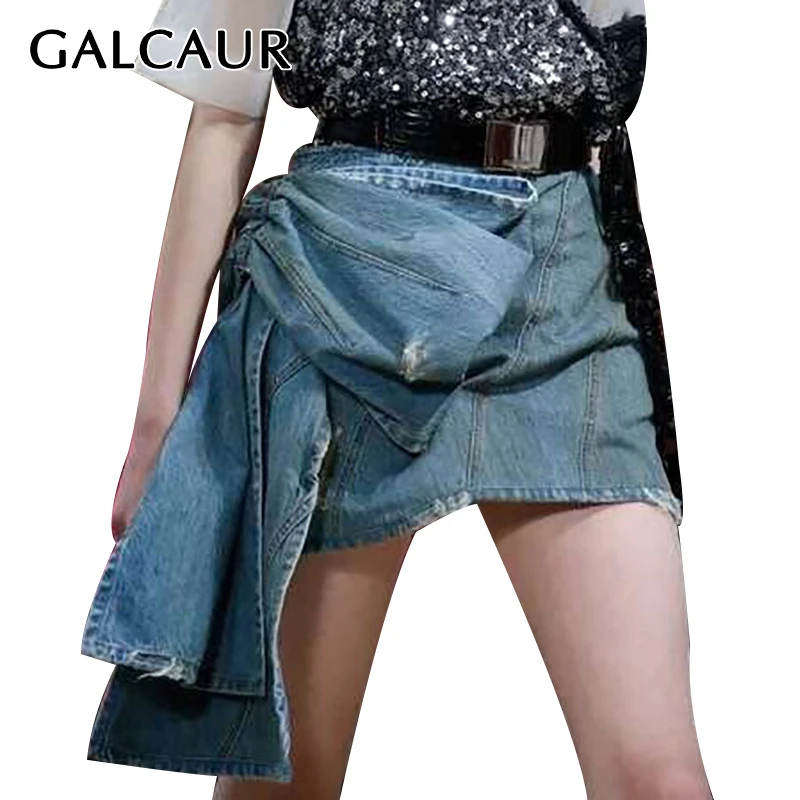 

GALCAUR Summer Asymmetrical Denim Skirt High Waist Bowknot Mini Streetwear Skirts For Women Large Sizes 2019 Fashion Tide