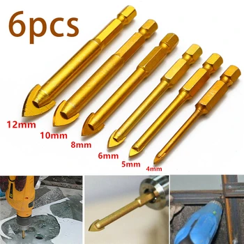 

6Pcs/Set 4/5/6/8/10/12mm 1/4 Inch Hex Shank Titanium Steel Alloy Glass Drill Bits Set For Ceramic Tile Marble Mirror and Glass