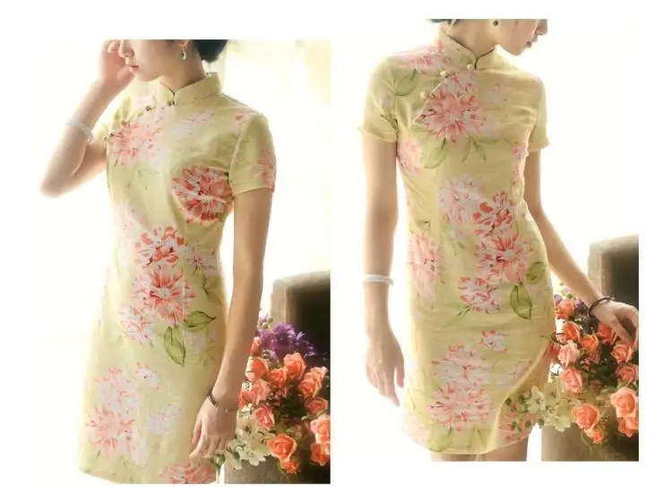 Полуметр желтый низ принт большие цветы хлопок лен ткань для cheongsam платье рубашка материал T716