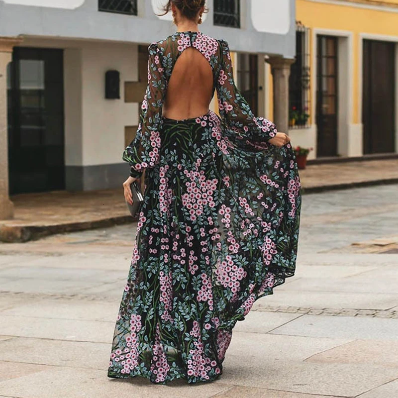 

Vintage Backless Long Maxi Dress Women Floral Print Open Back Summer Beach Dress 2020 High Waist Long Sleeve Dresses Robe Femme