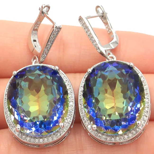 

40x20mm Big 17.5g Oval Gemstone 22x18mm Fire Rainbow Mystic Topaz White Cubic Zirconia Woman's Party 925 Silver Earrings