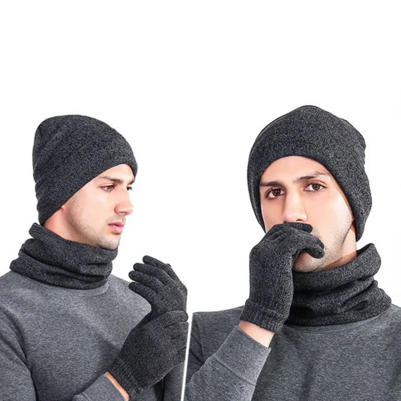 3pcs Knitted Hat Gloves Scarf Set For Men Winter Soft Warm Hiking Cap Scarves Sets Outdoor Gift