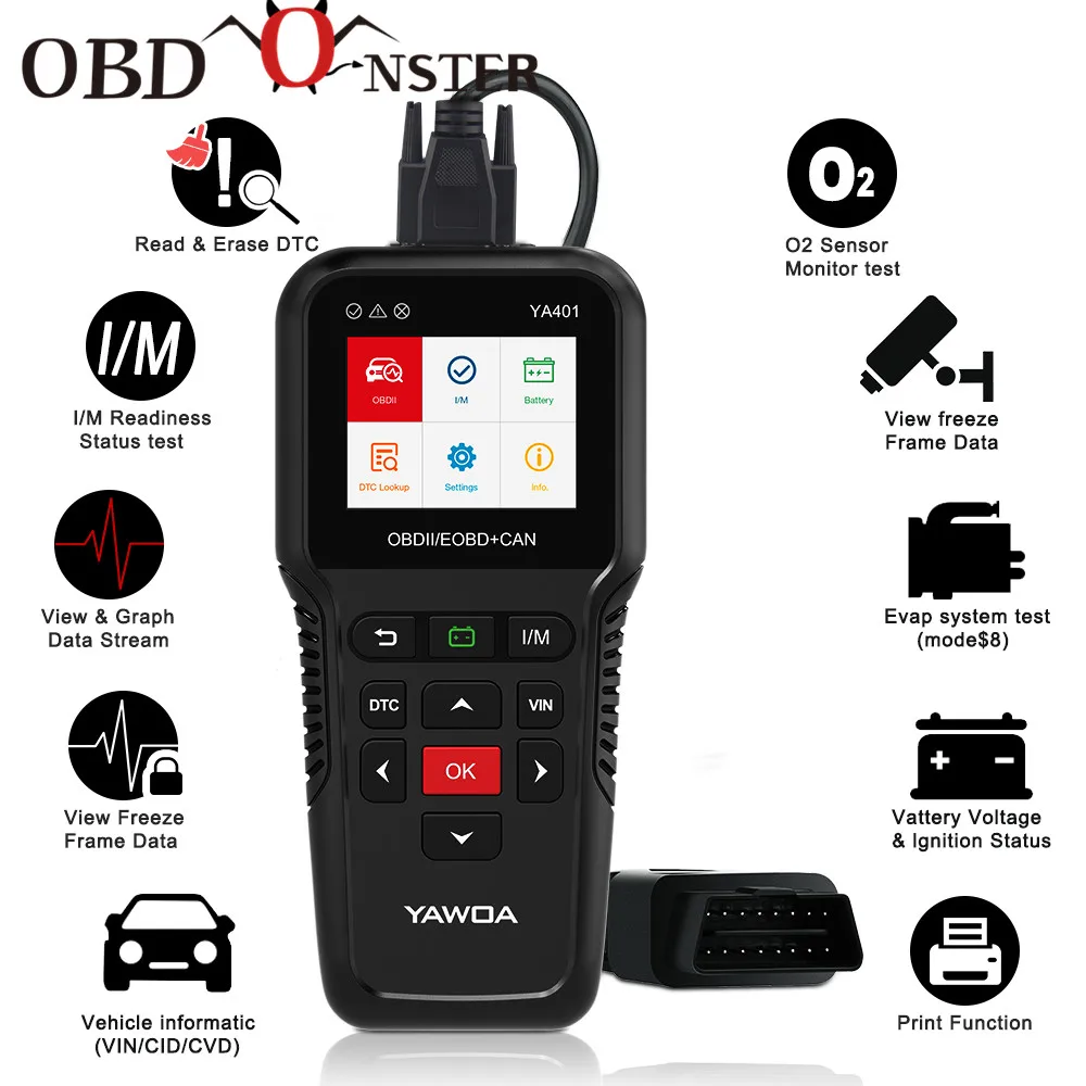 

Scan Tool OBDII code reader Scanner support full obd2 Battery tester auto obd2 diagnostic tool YA401 free update Print Function