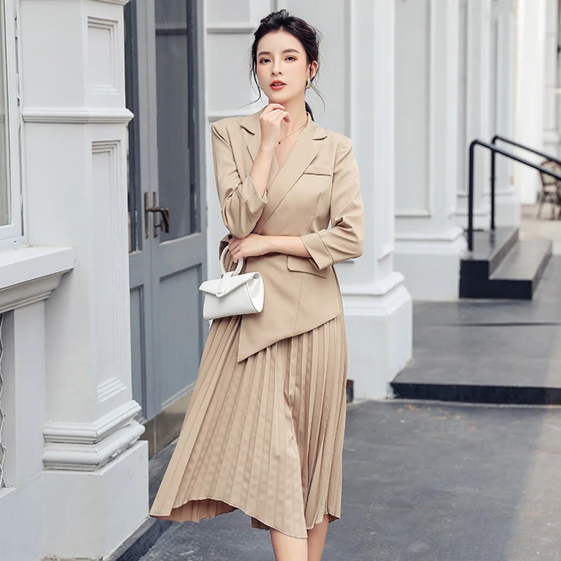 Women Skirt Suits Autumn European New Women's Fashion Trend Skirt Temperament Long Sleeve Waist Belt Slim Long Skirt Suits