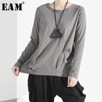 

[EAM] Women Gray Pleated Asymmetrical Split Loose T-shirt New Round Neck Long Sleeve Fashion Tide Spring Autumn 2020 JE82702