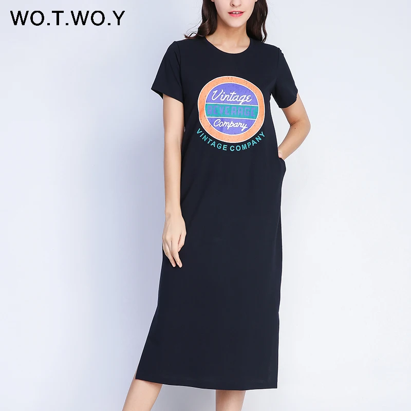 WOTWOY, летние платья с принтом, длинные футболки, женские платья, плюс размер, темно-синие, с карманами, с o-образным вырезом, короткий рукав, макси платья,, повседневные женские платья