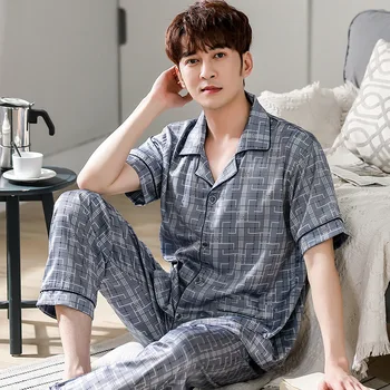 

New Men's Pajamas Plaid Printed 2 Pieces Set Sexy Silk Pajamas Men Sleepwear Turn-down Collar Outfit Sleep Set Male Home Clothes