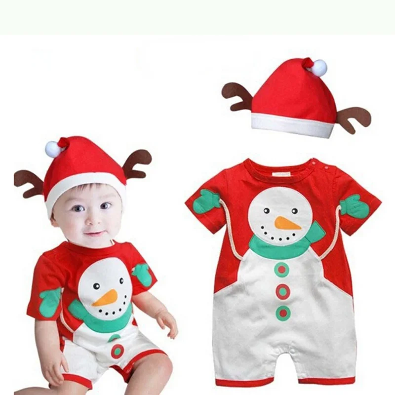 

Kids Christmas Clothing Short Sleeve One Piece Romper Red Snowman Costume Baby Boy Clothes Ropa Para Bebes with Hat 2 Pieces Set