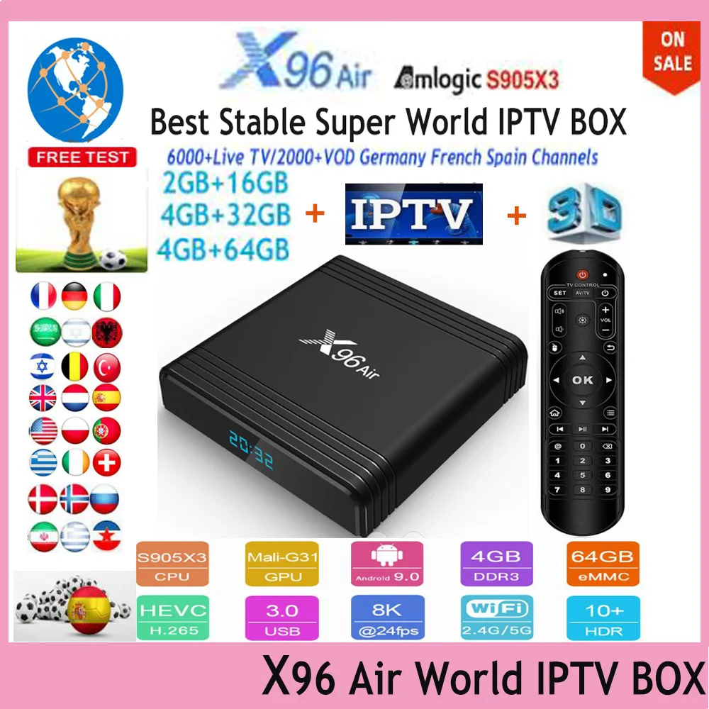 Новейший X96 Air Amlogic S905X3 Мини Android 9,0 с 1 год мировое IPTV подписка 6000+ Live 2000+ VOD 8k 3D Smart tv box