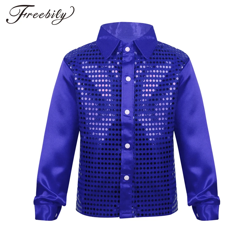 

Boys Hip Hop Costume Glittery Sequin Long Sleeve Shirts Jazz Costumes Kids Stage Dancing Outfit Children Street Show Wear