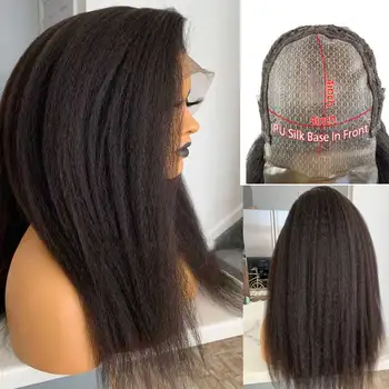 

250 Density Kinky Straight PU Silke Base Wig Pre Plcuked Brazilian Remy 4x4 Wig For Black Women Bleach Knots Atina