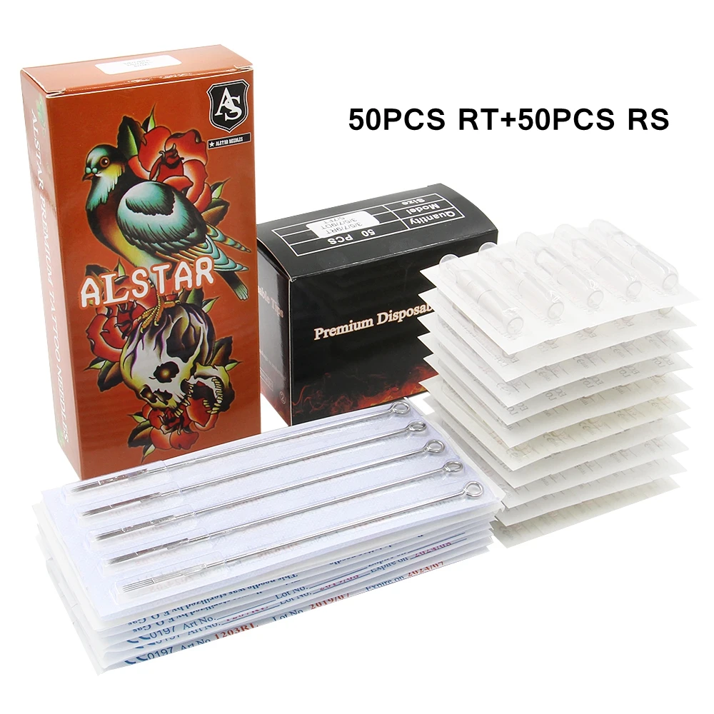 50pcs Disposable RS/RL Tattoo Needles + 50pcs RT Assorted Sterilized Disposable Tattoo Tips,Clear Tips tattoo tip needles kit