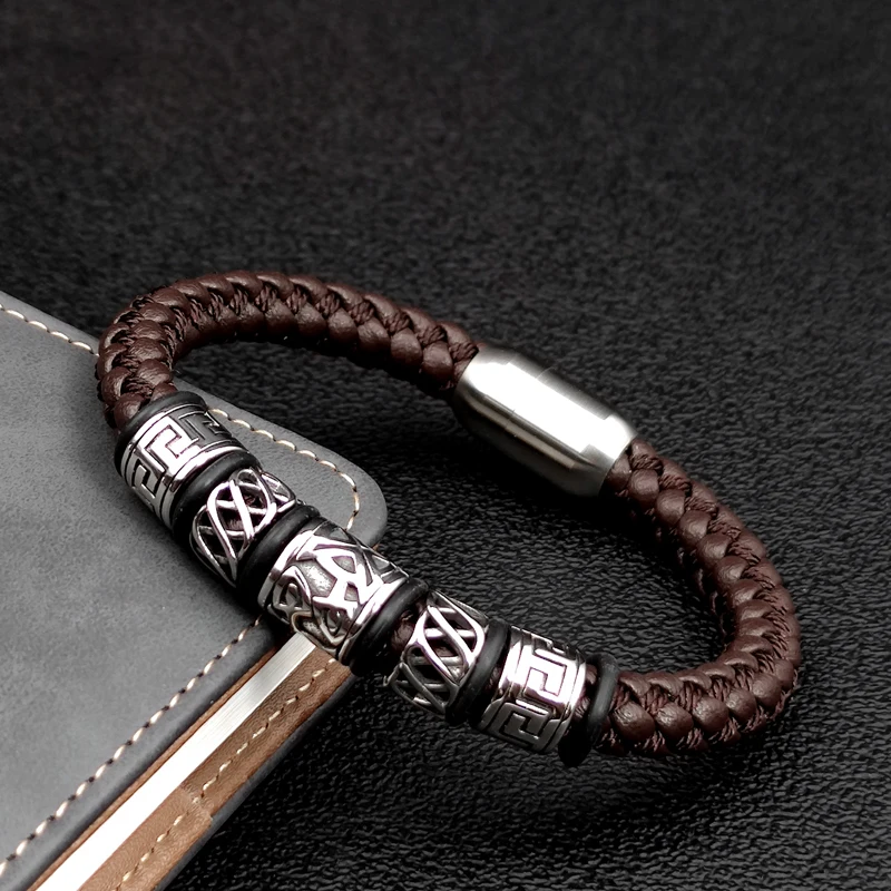 Punk Style Coffee Leather Bracelet 316L Stainless Steel 5 Viking Bead Bracelet Powerful Magnet Clasp 4 Color Friend Gifts - Image 4