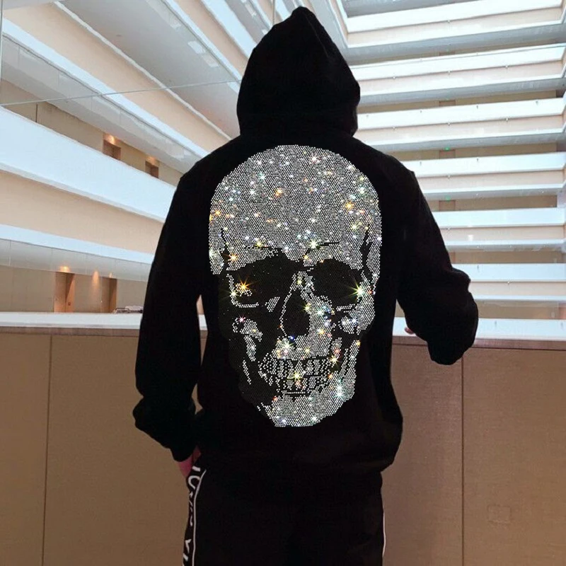 Mens Hoodie Jacket Pullover Skull-Head Fall/winter Top Hot-Drill Loose Thicken Sports-Fitness-Printing