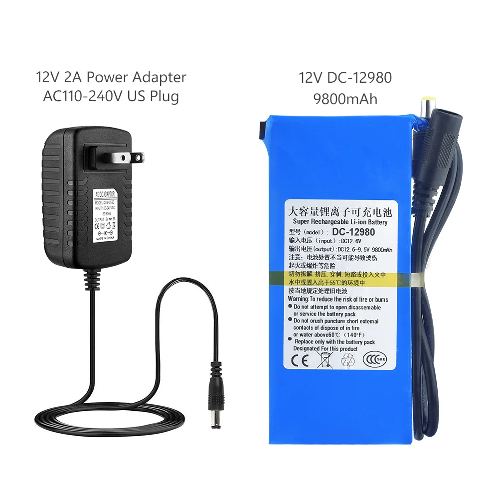 DC 12V DC12980 9800MAH литиевая аккумуляторная батарея запасной литий-ионный аккумулятор с 2A зарядным адаптером защита от перезарядки - Цвет: US Plug
