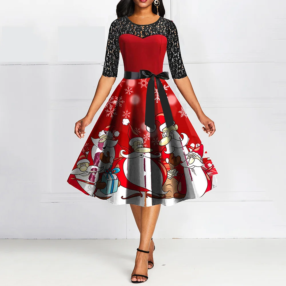 Christmas print dress womens Clearance